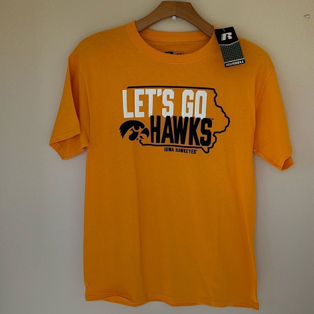NWT University of Iowa Hawkeyes Gold Let’s Go Hawks Russell t-shirt Medium